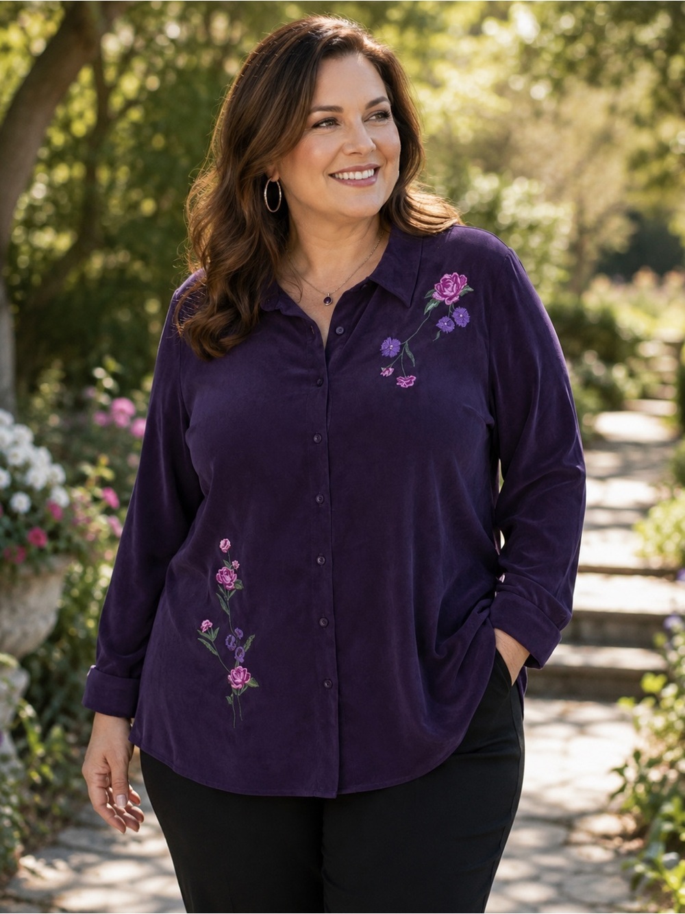 Cascade Blue Floral Embroidered Velour Button-Up Shirt Purple 1X Plus Size
